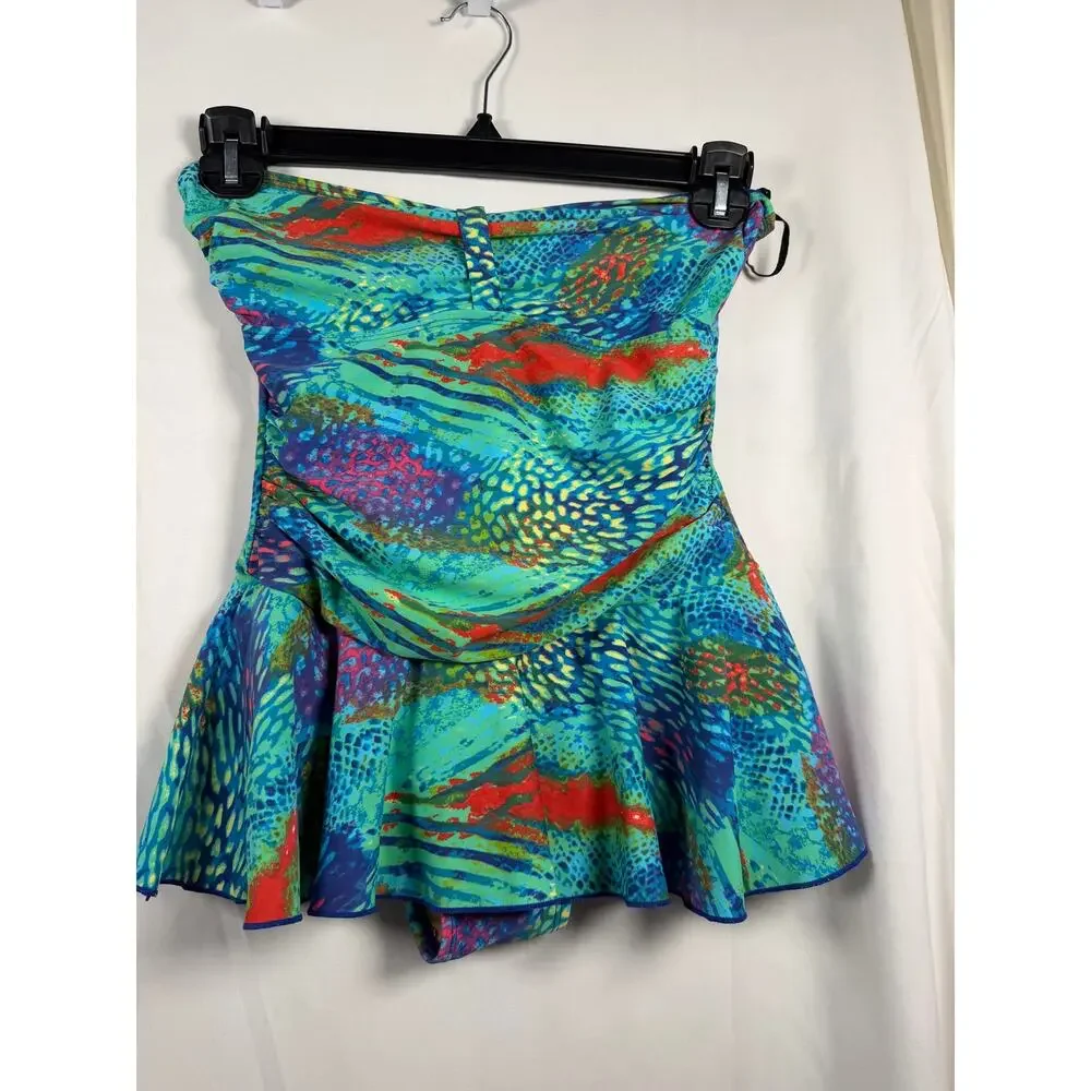 Ceeb Strapless Swim Dress‎ One Piece Swimsuit Size 8 Blue Tropical Print